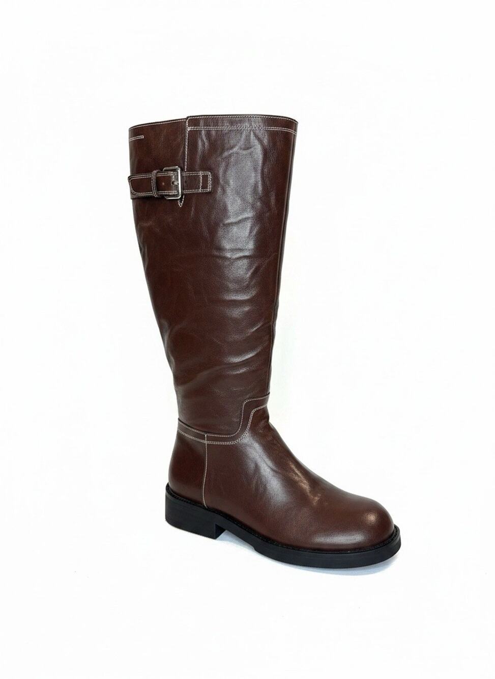 Women's SICARE Brown Knee High Boots Buckle Detail Flat Block Heel Size 8